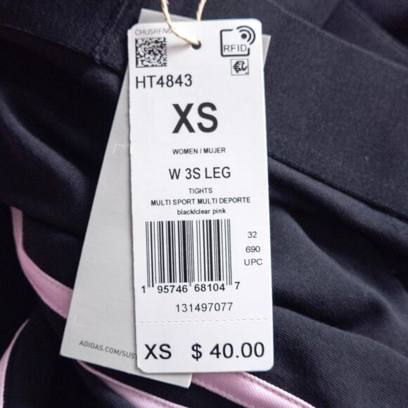 NWT Adidas Women’s Tights Pink Stripe Athleisure Black XS Mid Rise Stretch Fit - Picture 6 of 9